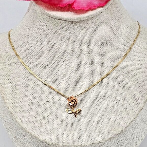 14K Yellow & Rose Gold Rose Flower Pendant Chain Necklace 20" 4 Grams